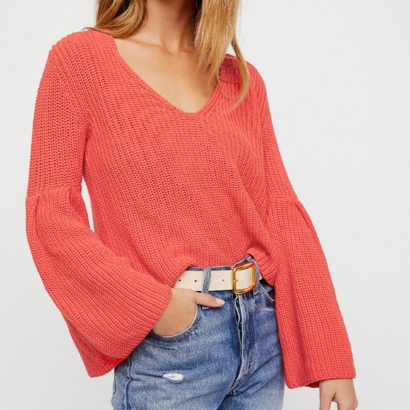Free People Damsel Ribbed Pullover Sweater Coral - Picture 3 of 8